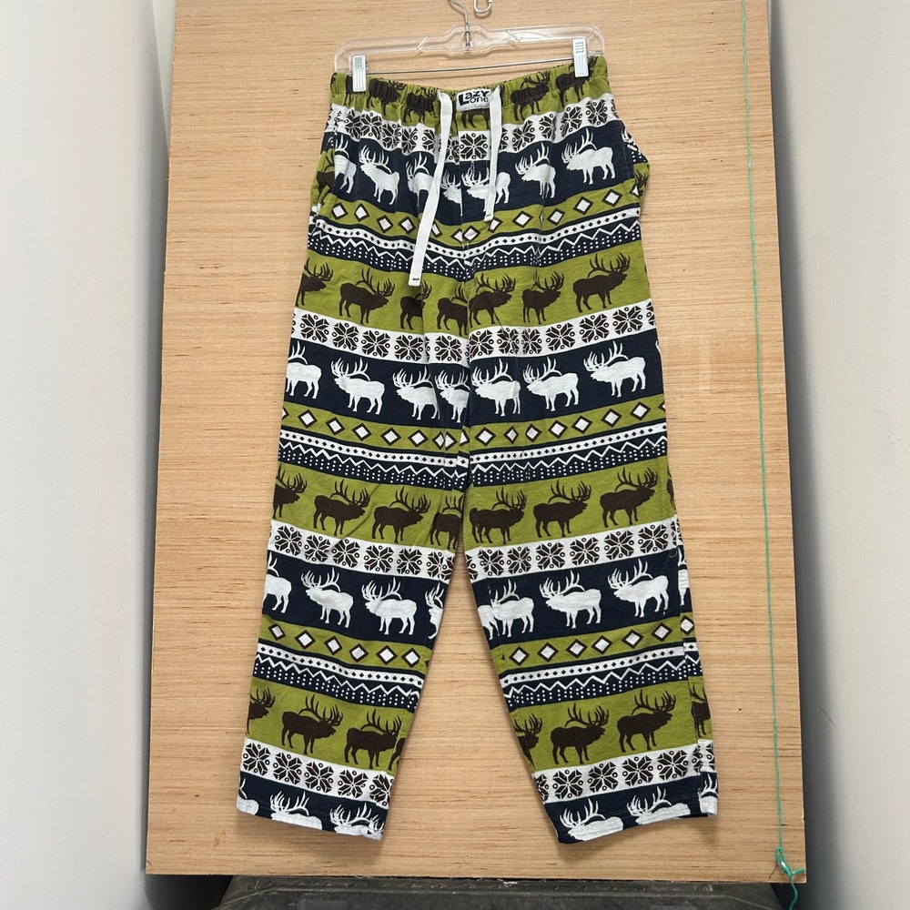 Lazy One Unisex Pajama Pants Medium Green Navy Moose Fair Isle Cotton Lounge PJs